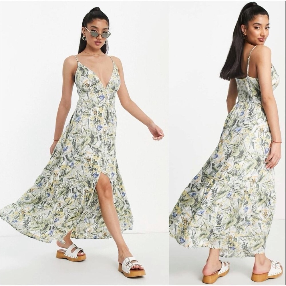 Abercrombie & Fitch plunge maxi Linen Blend dress in tropical print Large